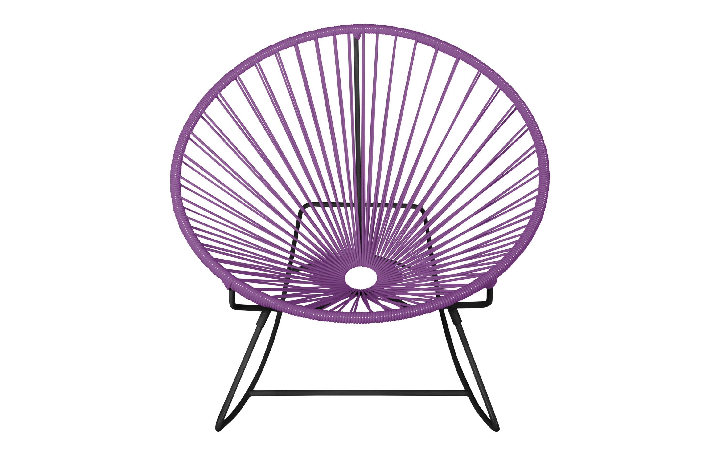 Innit Rocking Chair featuring a modern design with a round profile, made of durable powder-coated steel and colorful woven vinyl cord.