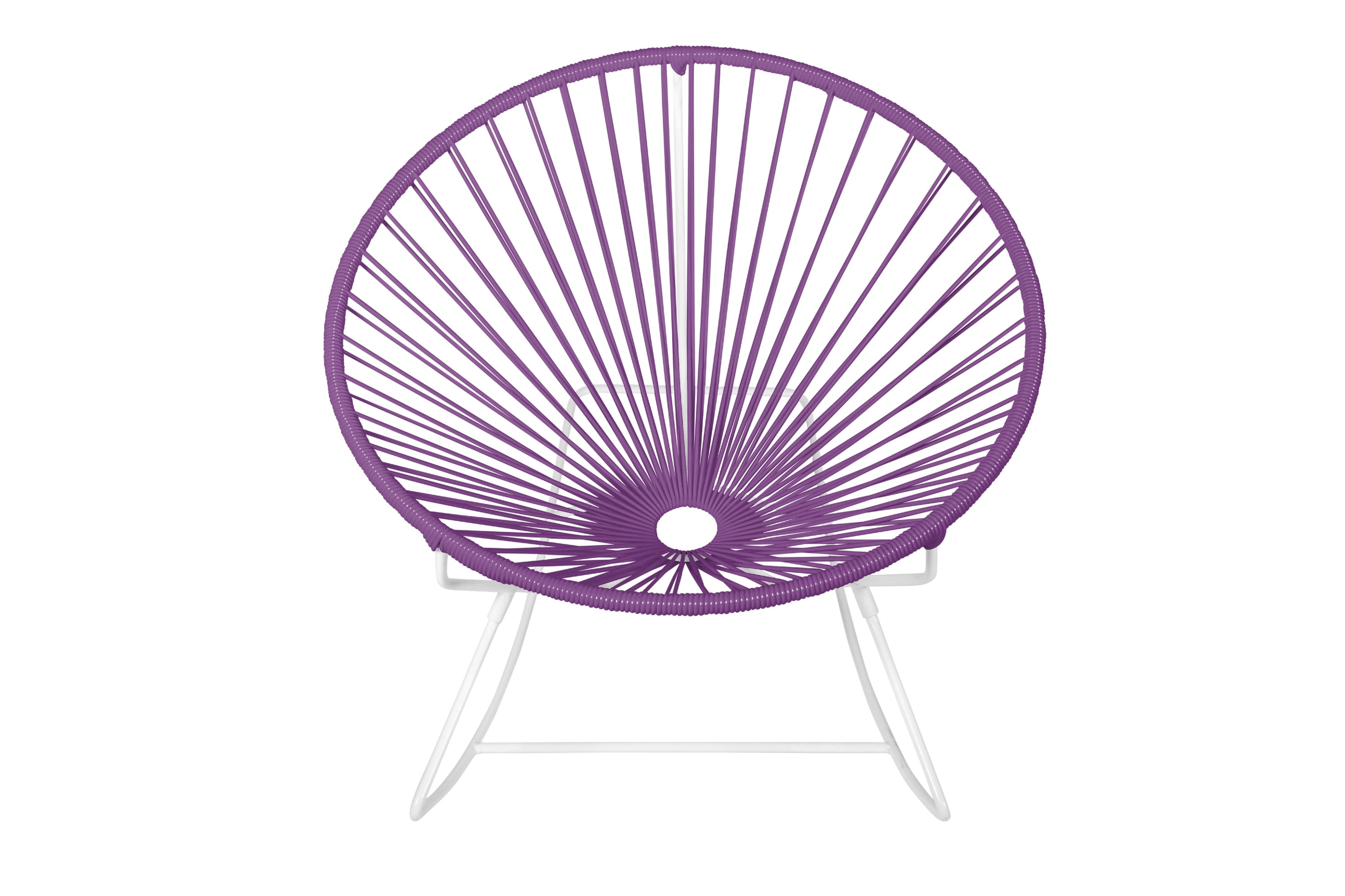 Innit Rocking Chair featuring a modern design with a round profile, made of durable powder-coated steel and colorful woven vinyl cord.