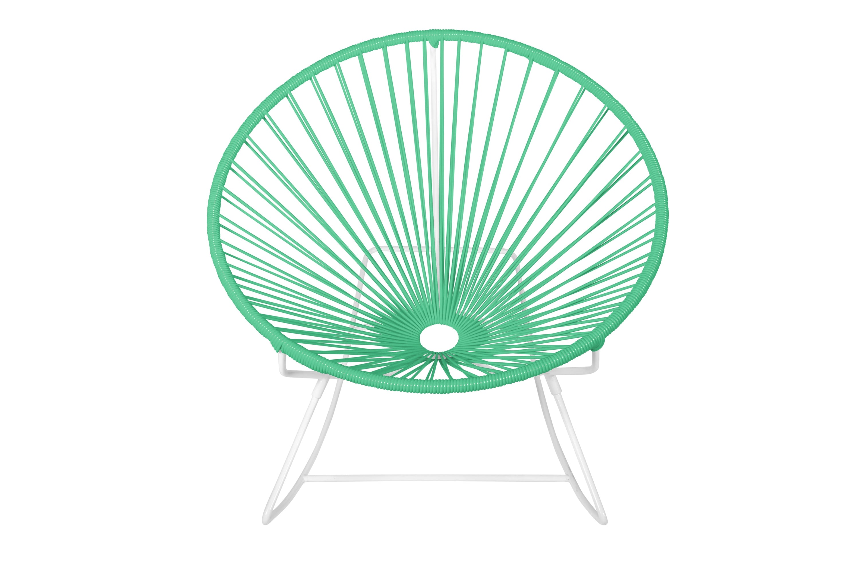 Innit Rocking Chair featuring a modern design with a round profile, made of durable powder-coated steel and colorful woven vinyl cord.