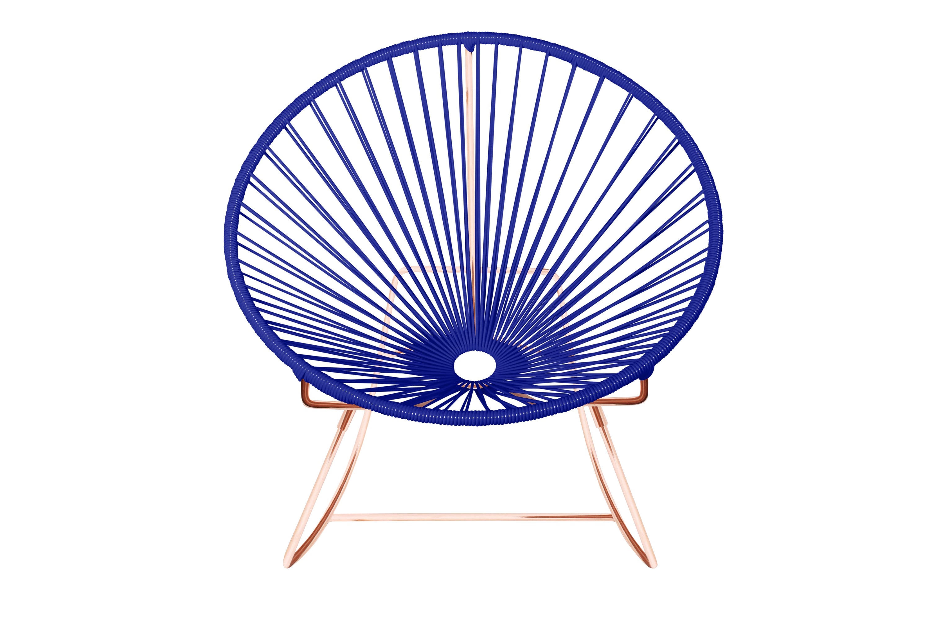 Innit Rocking Chair featuring a modern design with a round profile, made of durable powder-coated steel and colorful woven vinyl cord.