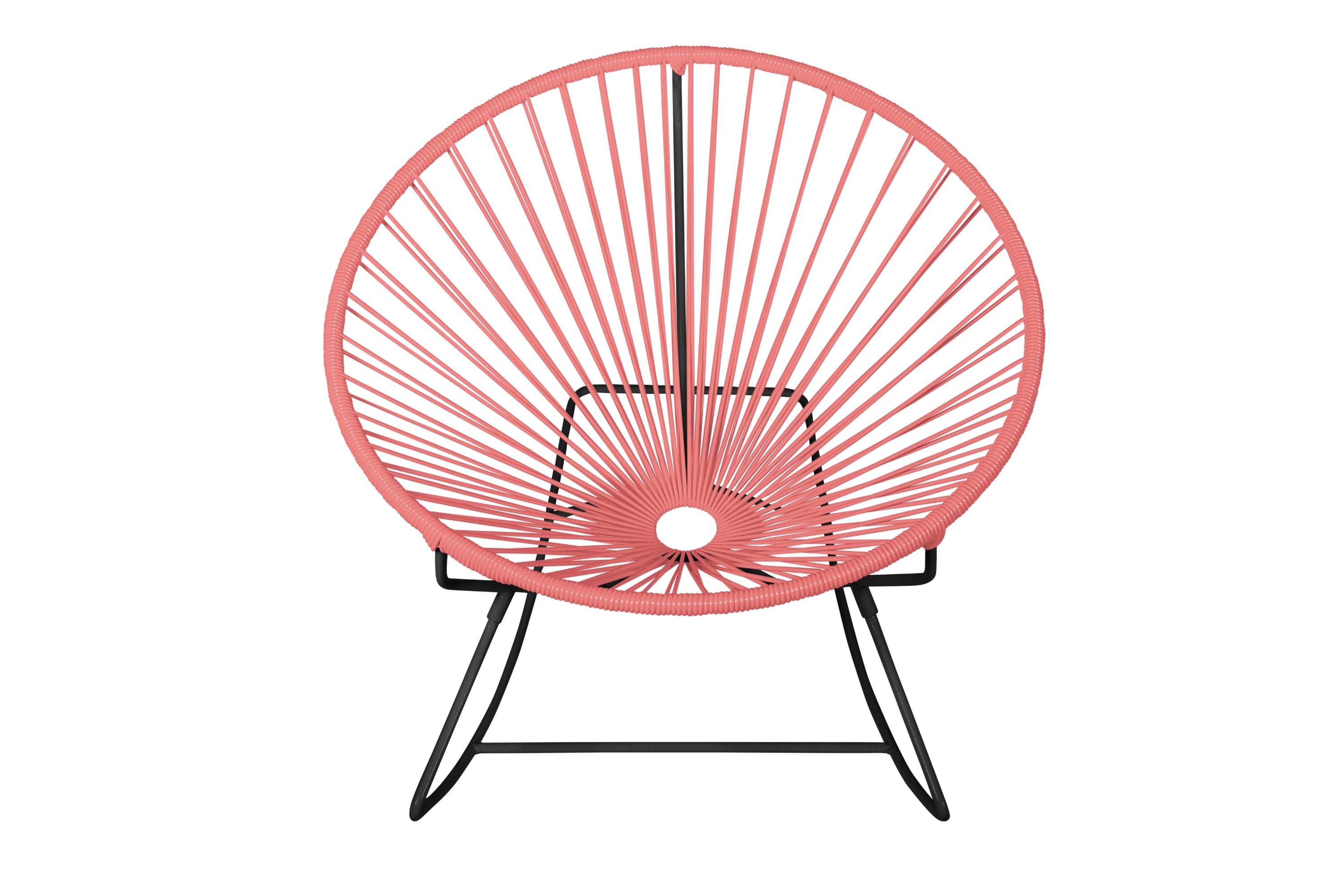 Innit Rocking Chair featuring a modern design with a round profile, made of durable powder-coated steel and colorful woven vinyl cord.