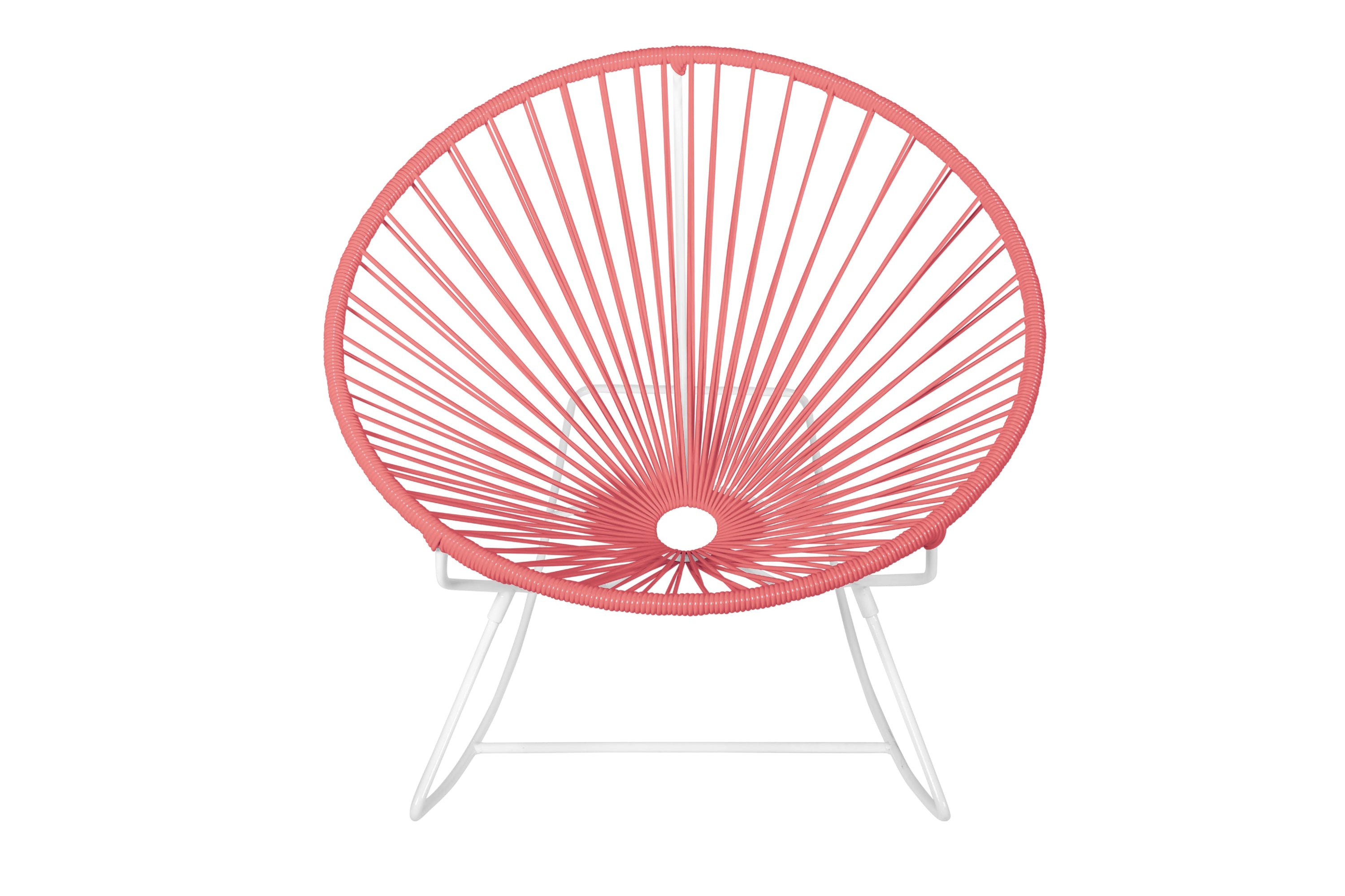 Innit Rocking Chair featuring a modern design with a round profile, made of durable powder-coated steel and colorful woven vinyl cord.