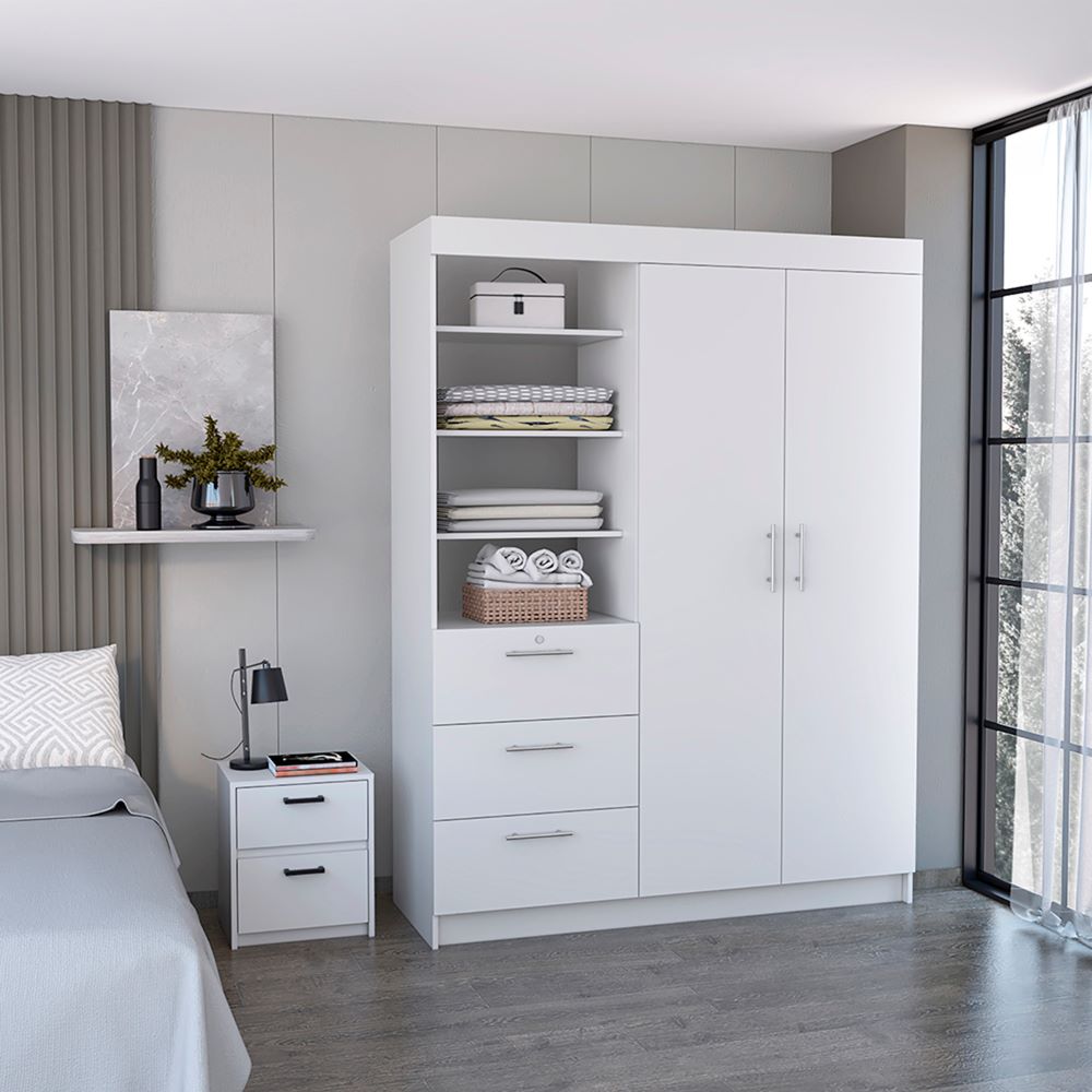 Karval 2 Piece Bedroom Set featuring a white armoire and nightstand, showcasing elegant design and ample storage space.