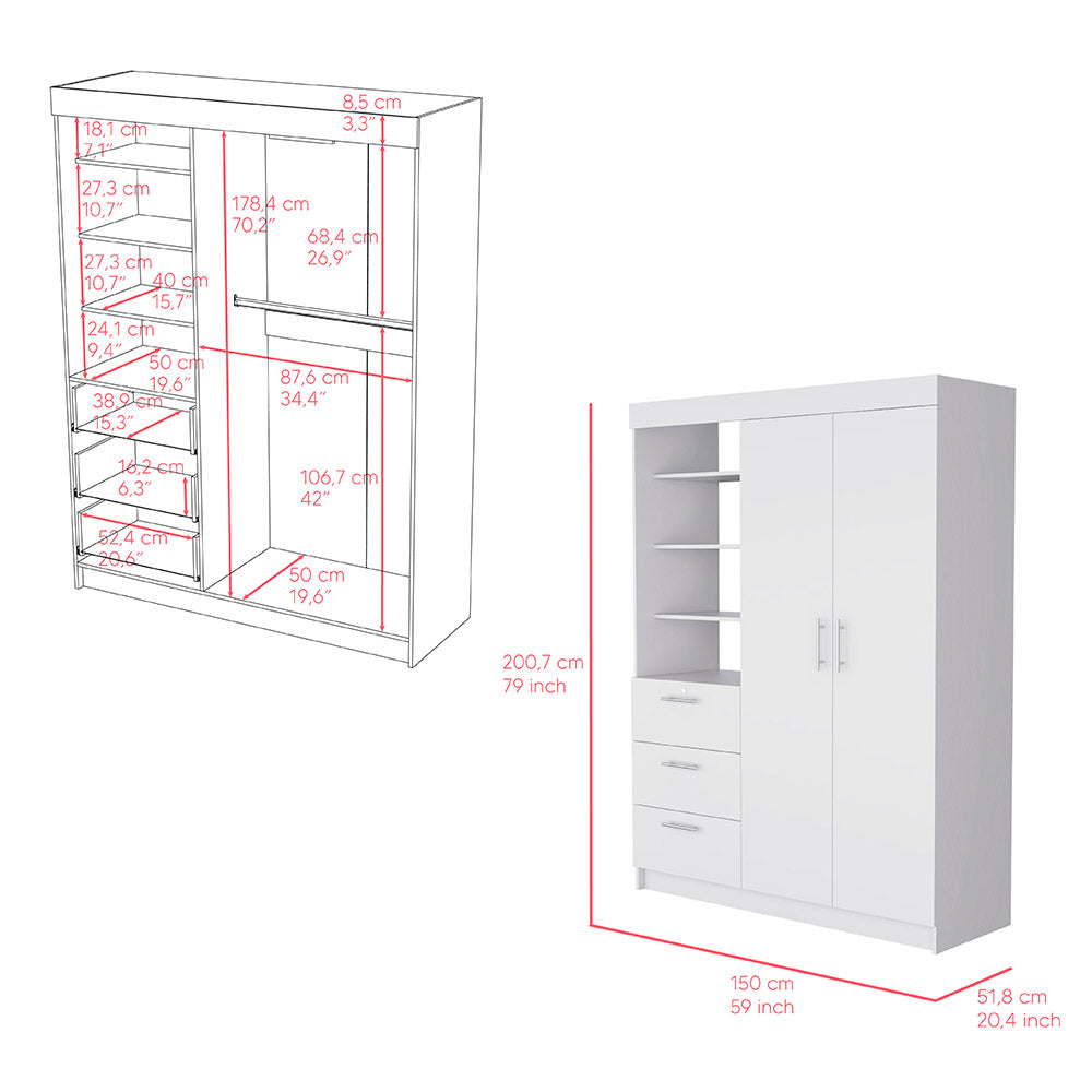 Karval 2 Piece Bedroom Set featuring a white armoire and nightstand, showcasing elegant design and ample storage space.