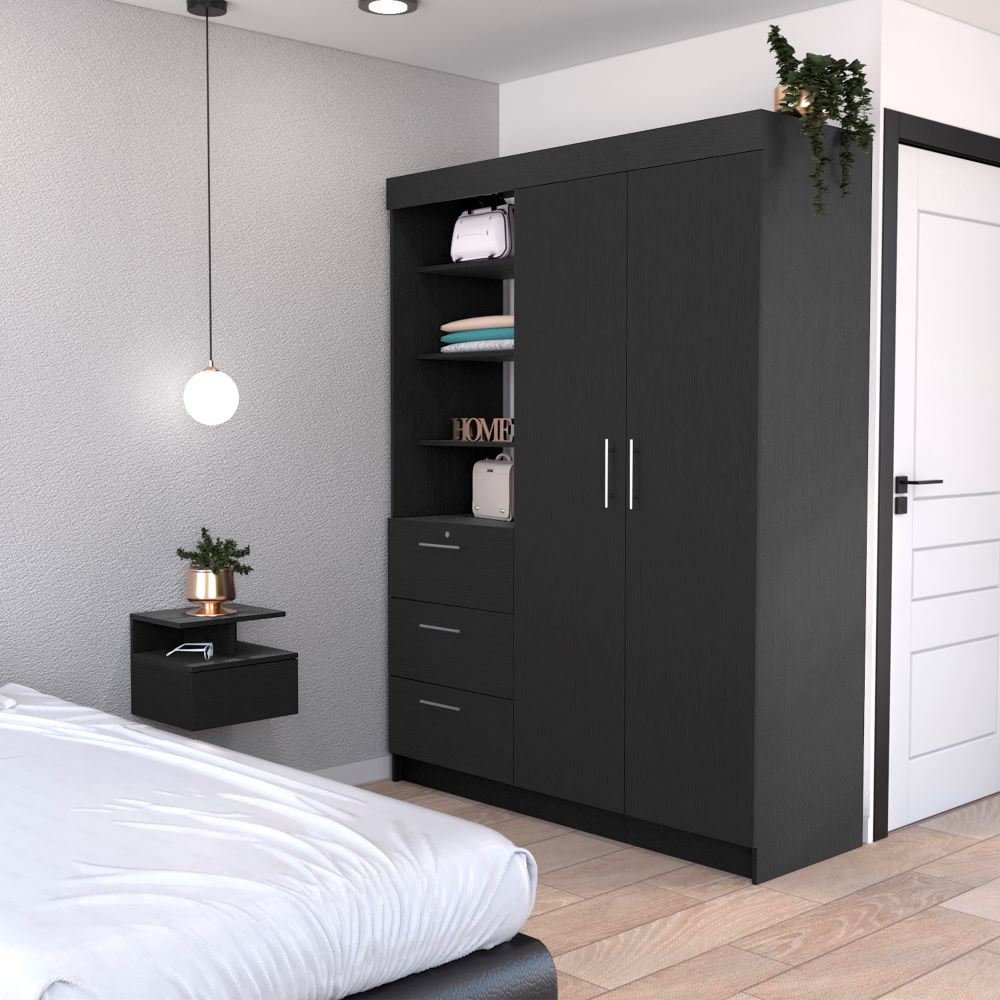 Kenya 2 Piece Bedroom Set featuring a black wengue armoire and nightstand, showcasing modern design and ample storage.