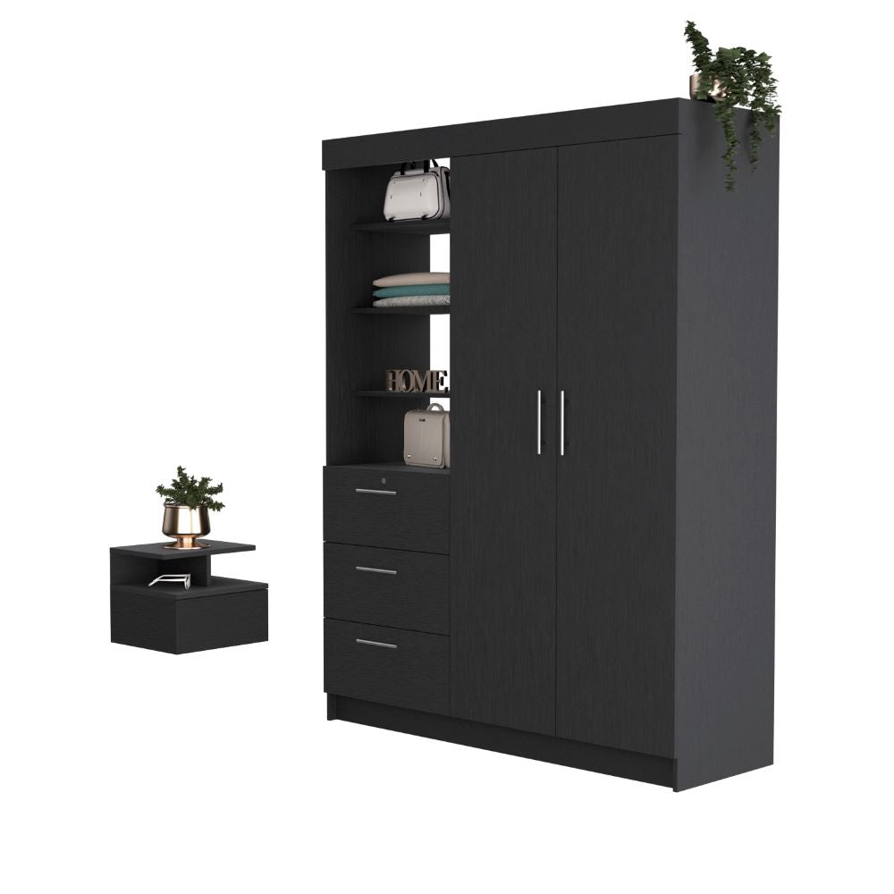 Kenya 2 Piece Bedroom Set featuring a black wengue armoire and nightstand, showcasing modern design and ample storage.