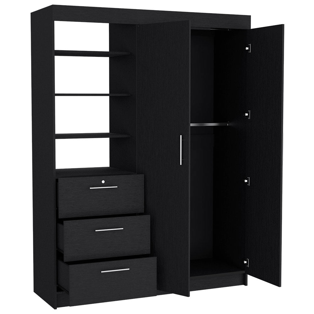 Kenya 2 Piece Bedroom Set featuring a black wengue armoire and nightstand, showcasing modern design and ample storage.