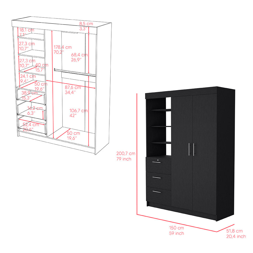 Kenya 2 Piece Bedroom Set featuring a black wengue armoire and nightstand, showcasing modern design and ample storage.