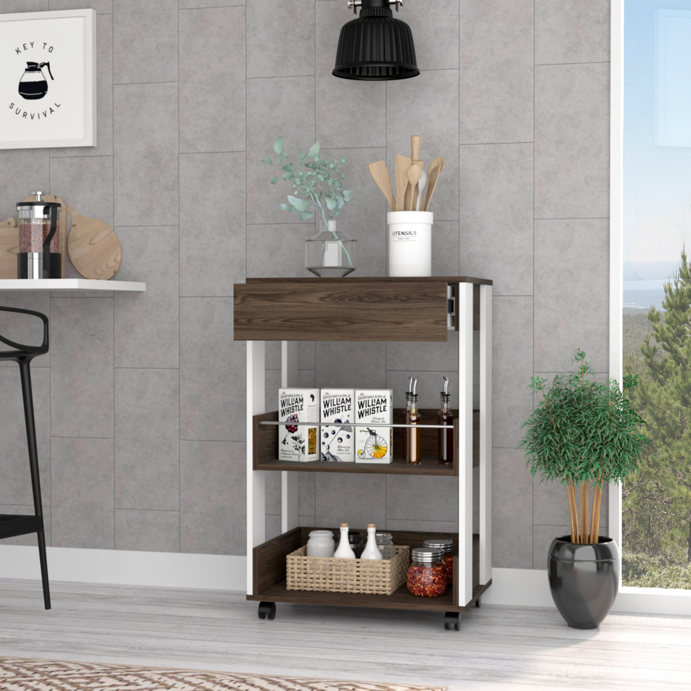 Coron Kitchen Cart with Drawer and Three-Tier Shelves in White, featuring casters for easy mobility.