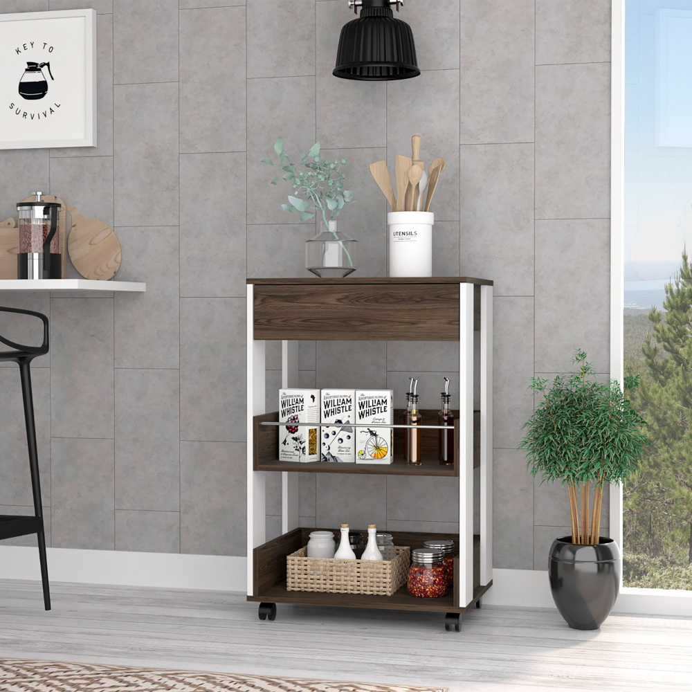 Coron Kitchen Cart with Drawer and Three-Tier Shelves in White, featuring casters for easy mobility.