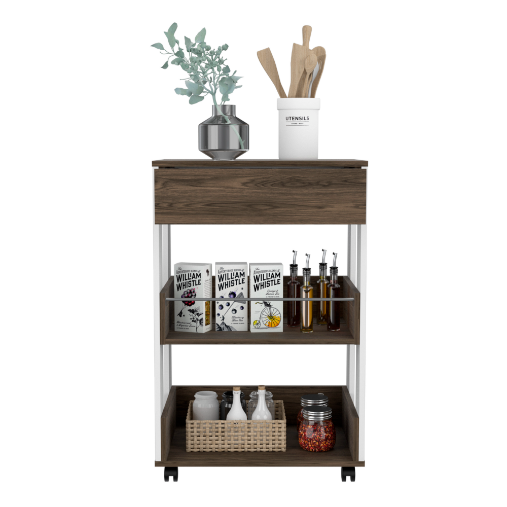 Coron Kitchen Cart with Drawer and Three-Tier Shelves in White, featuring casters for easy mobility.