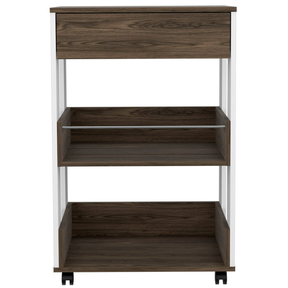 Coron Kitchen Cart with Drawer and Three-Tier Shelves in White, featuring casters for easy mobility.