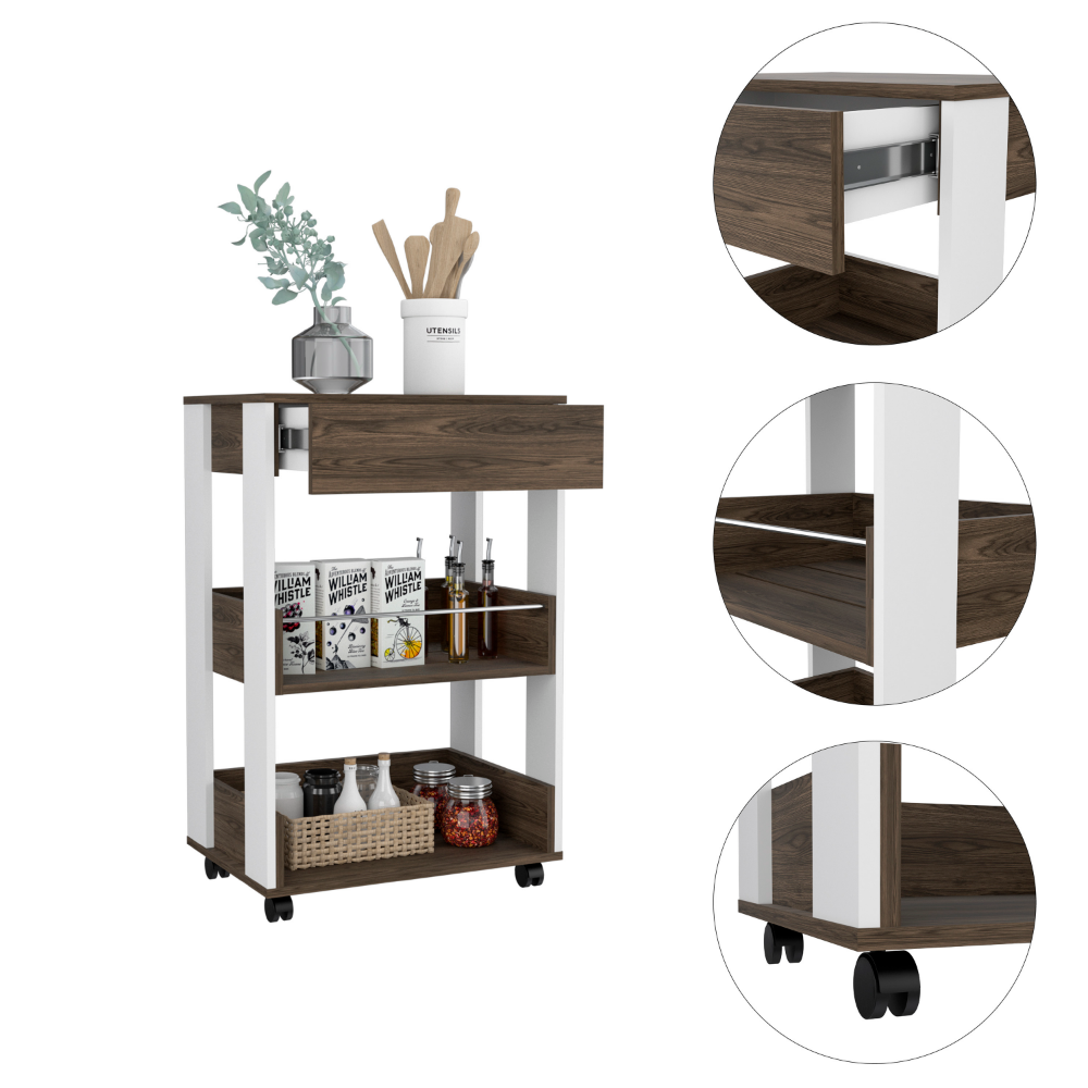 Coron Kitchen Cart with Drawer and Three-Tier Shelves in White, featuring casters for easy mobility.