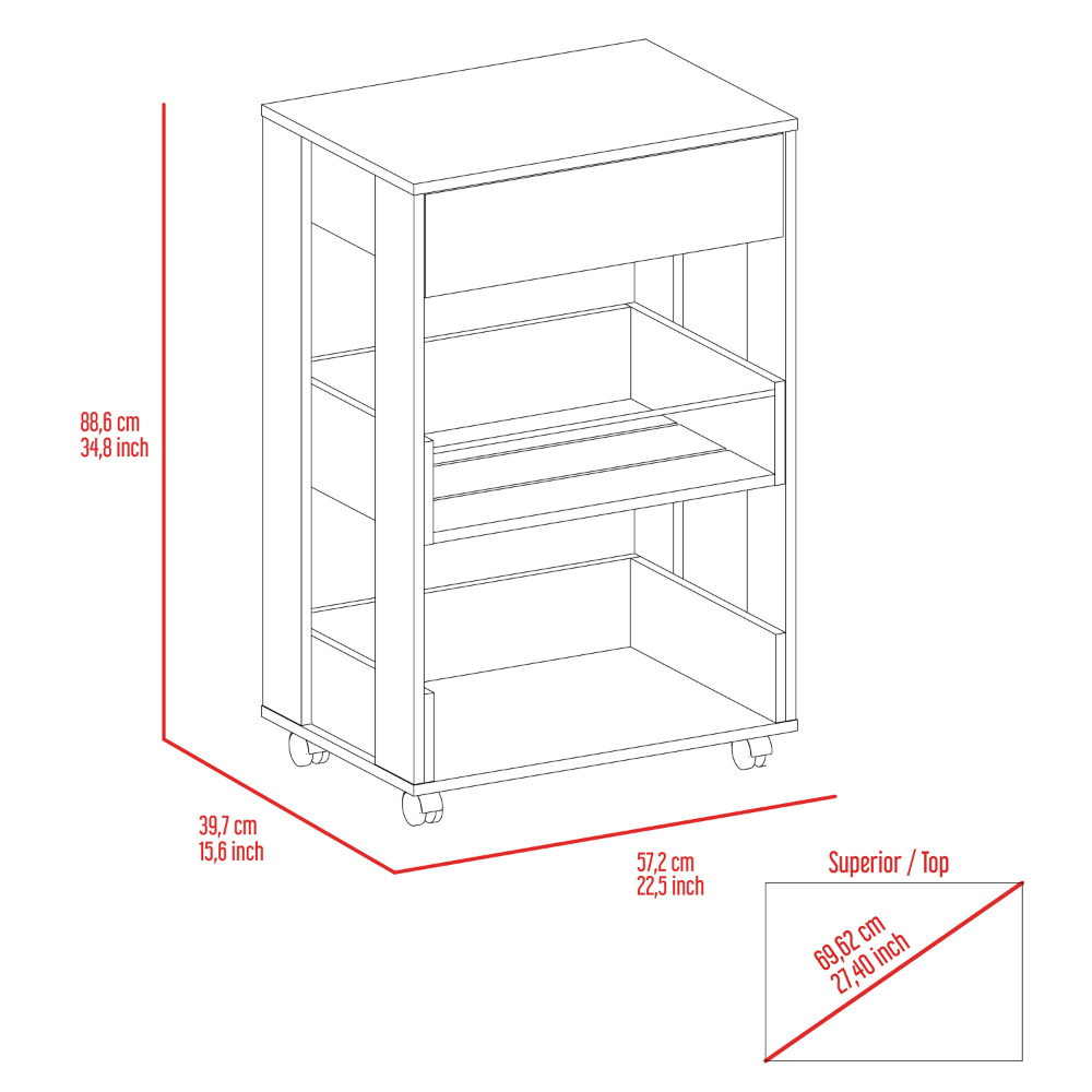 Coron Kitchen Cart with Drawer and Three-Tier Shelves in White, featuring casters for easy mobility.