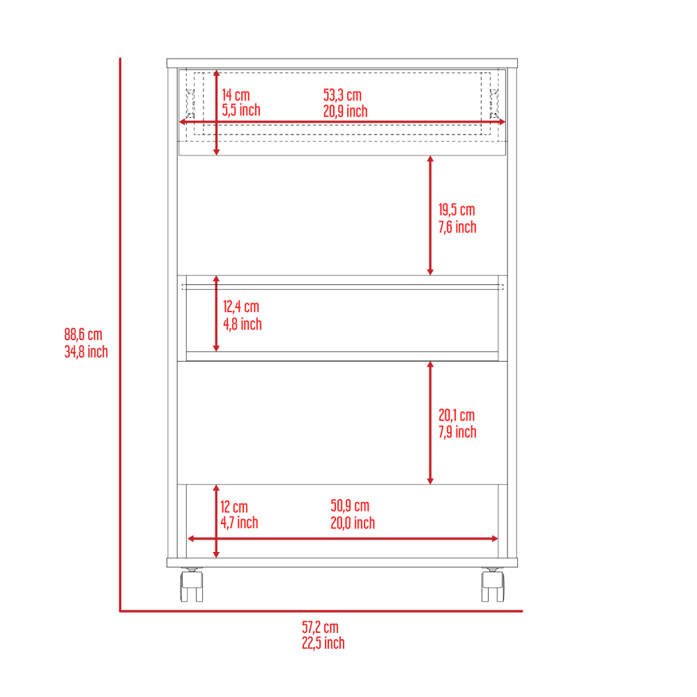 Coron Kitchen Cart with Drawer and Three-Tier Shelves in White, featuring casters for easy mobility.