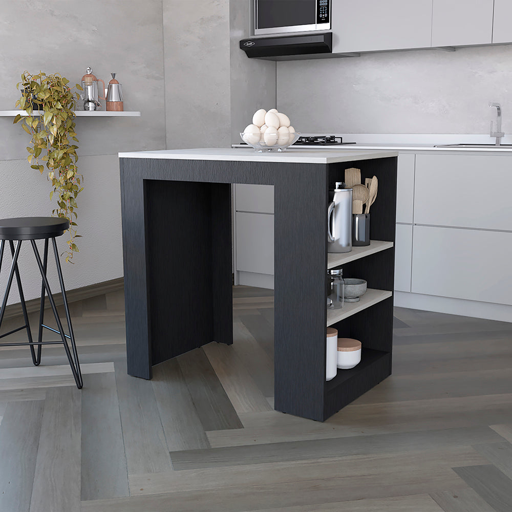 Doyle Kitchen Island featuring a sleek black finish with Ibiza marble accents, showcasing spacious surface and side shelves for storage.