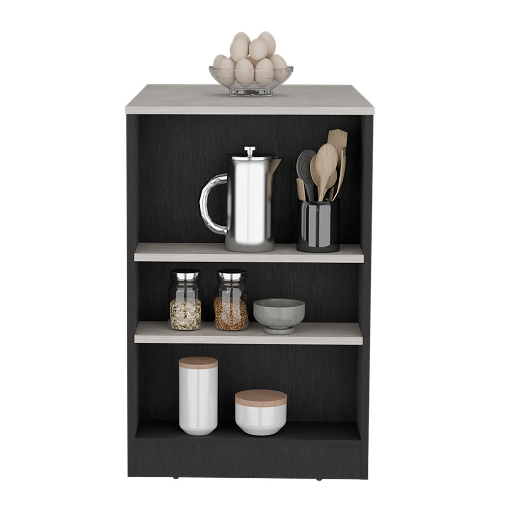 Doyle Kitchen Island featuring a sleek black finish with Ibiza marble accents, showcasing spacious surface and side shelves for storage.