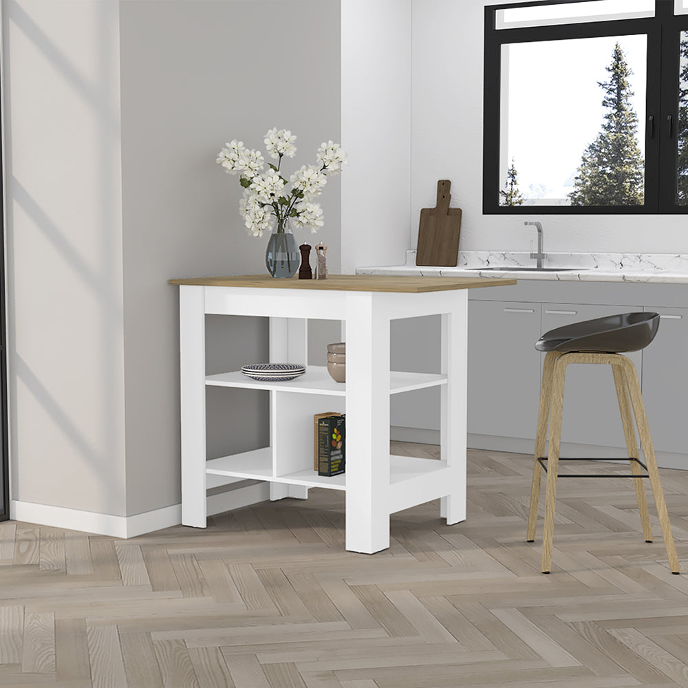 Pompeya Kitchen Island with three shelves in a white finish, featuring a wide top surface and ample legroom for seating.