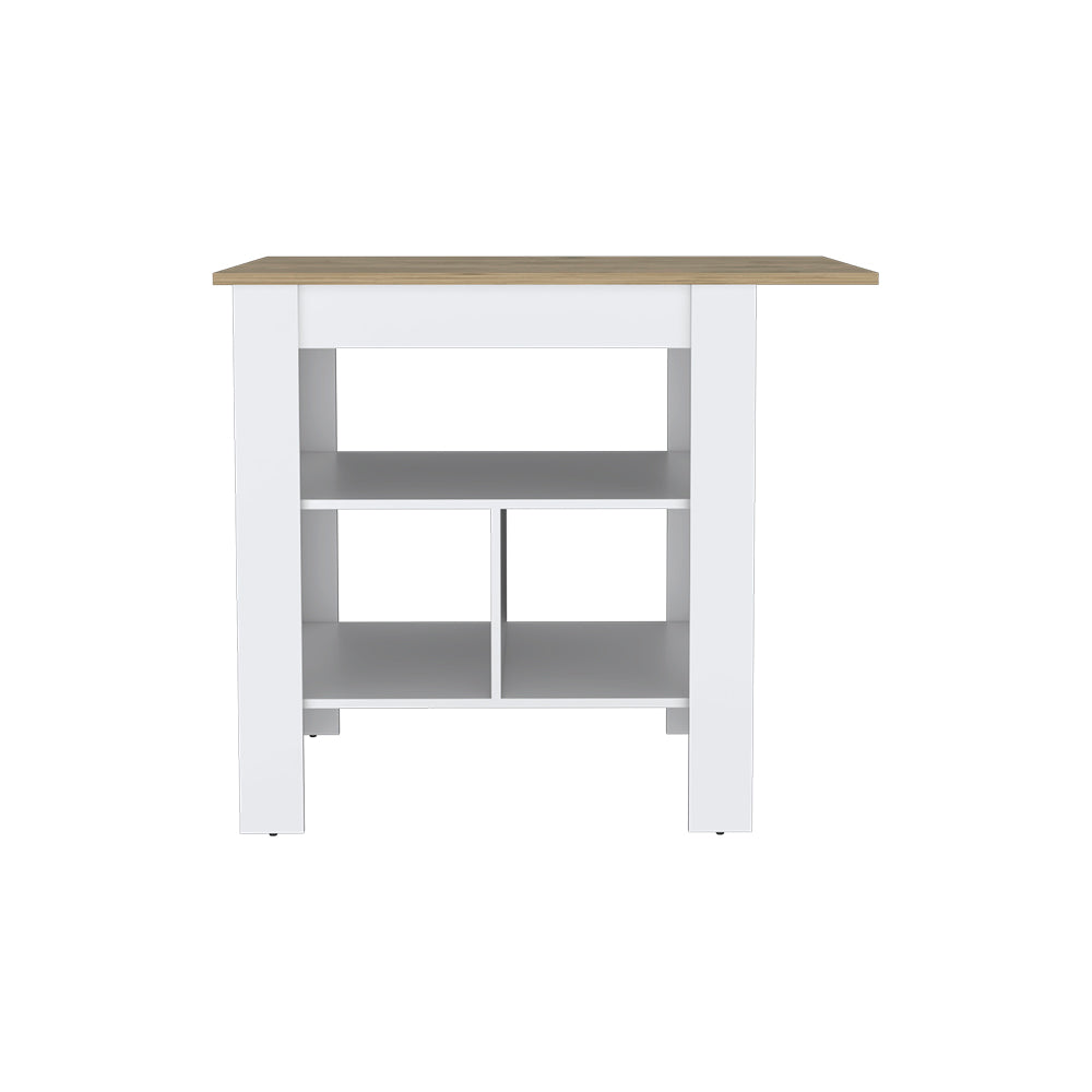 Pompeya Kitchen Island with three shelves in a white finish, featuring a wide top surface and ample legroom for seating.