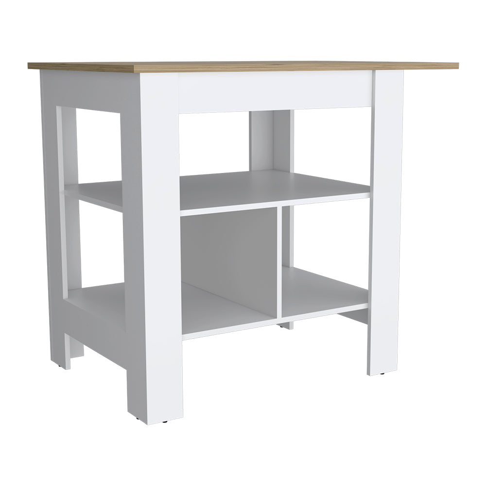 Pompeya Kitchen Island with three shelves in a white finish, featuring a wide top surface and ample legroom for seating.