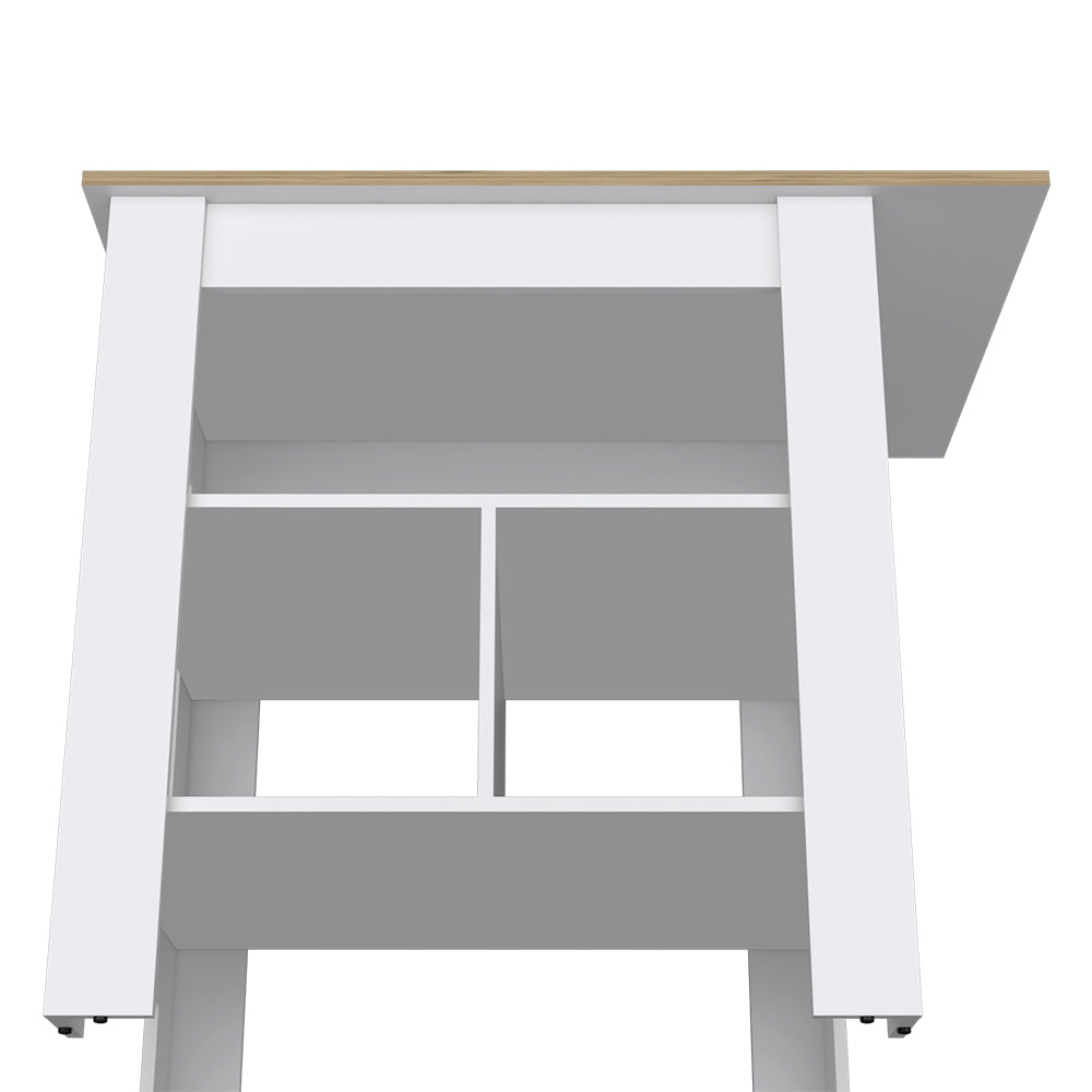 Pompeya Kitchen Island with three shelves in a white finish, featuring a wide top surface and ample legroom for seating.