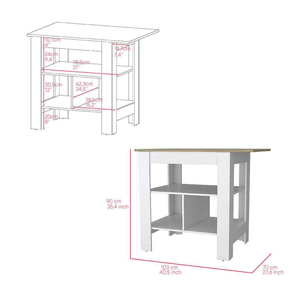 Pompeya Kitchen Island with three shelves in a white finish, featuring a wide top surface and ample legroom for seating.