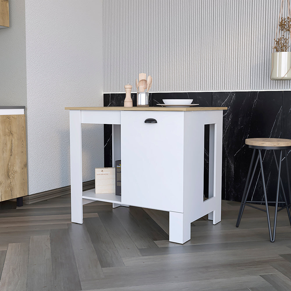 Shoproni Kitchen Island with one drawer and white finish, featuring a spacious top surface and two storage shelves.