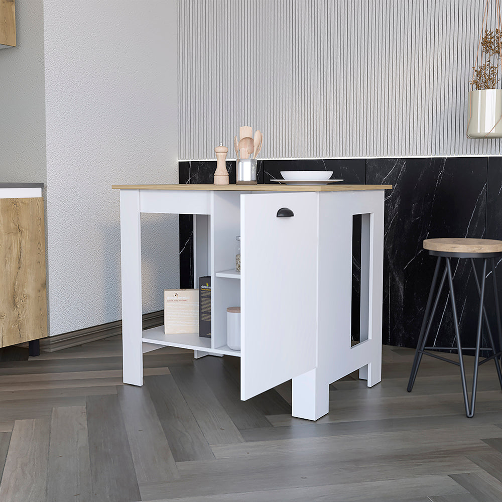 Shoproni Kitchen Island with one drawer and white finish, featuring a spacious top surface and two storage shelves.