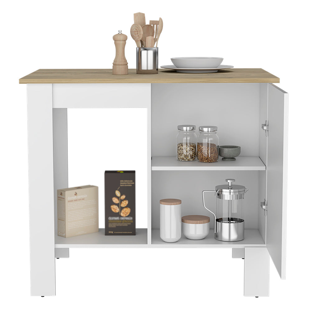 Shoproni Kitchen Island with one drawer and white finish, featuring a spacious top surface and two storage shelves.