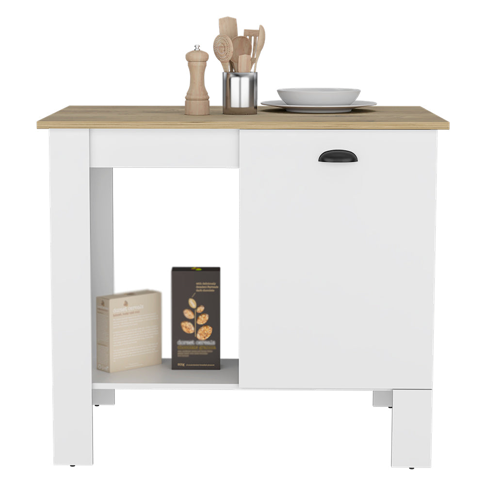 Shoproni Kitchen Island with one drawer and white finish, featuring a spacious top surface and two storage shelves.