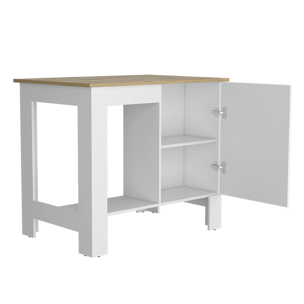 Shoproni Kitchen Island with one drawer and white finish, featuring a spacious top surface and two storage shelves.