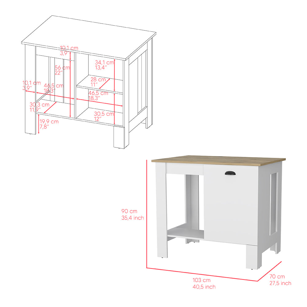 Shoproni Kitchen Island with one drawer and white finish, featuring a spacious top surface and two storage shelves.