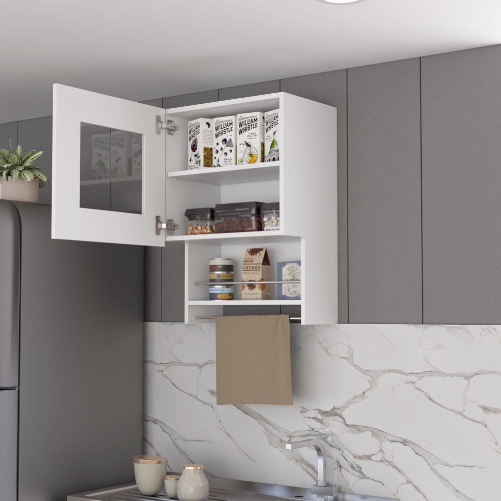 Papua Kitchen Wall Cabinet with three shelves in a sleek white finish, ideal for kitchen storage.