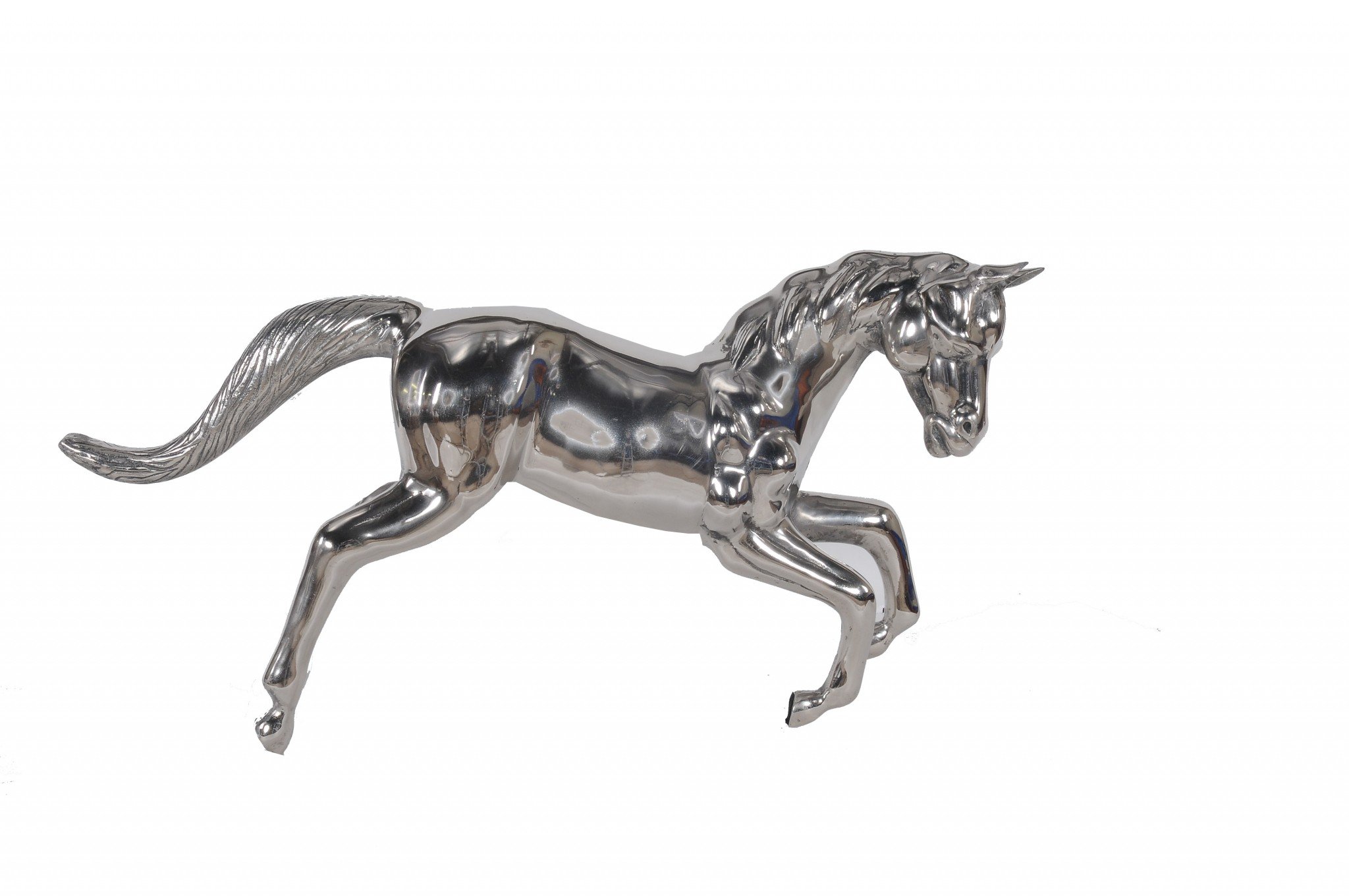 A large, elegant silver horse statue made of solid aluminum with a shiny nickel-plated finish, showcasing intricate details and a majestic pose.