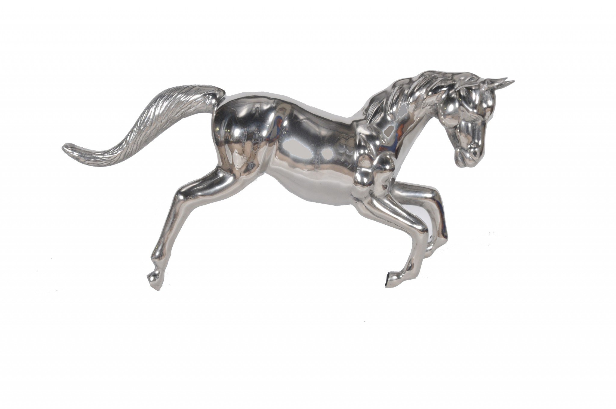 A large, elegant silver horse statue made of solid aluminum with a shiny nickel-plated finish, showcasing intricate details and a majestic pose.