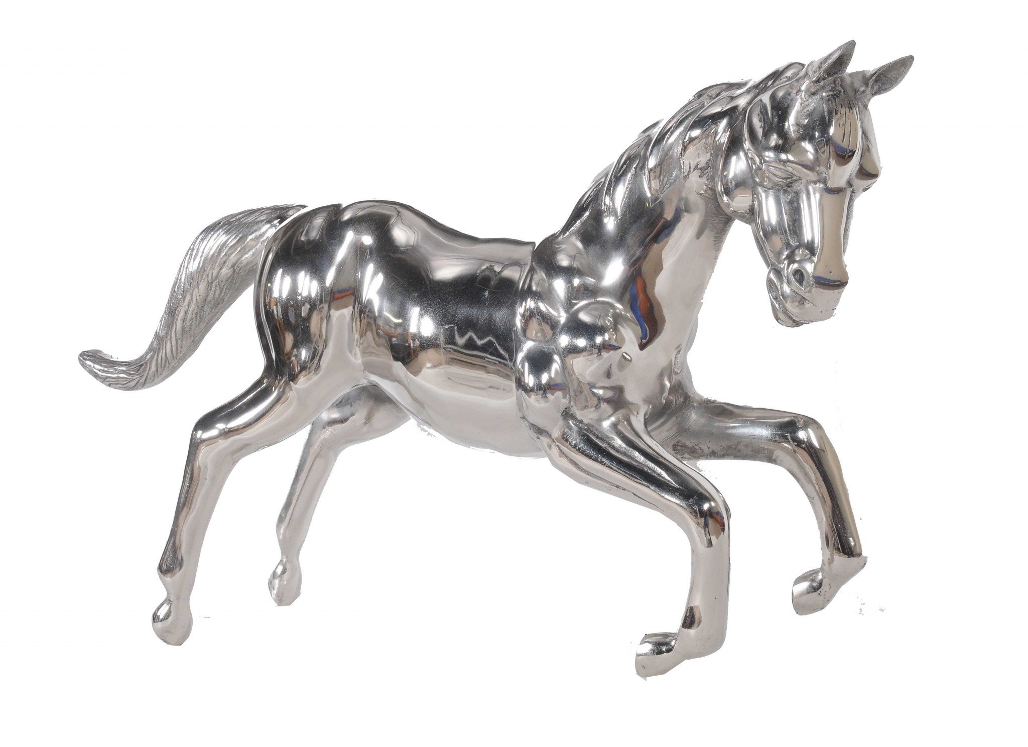 A large, elegant silver horse statue made of solid aluminum with a shiny nickel-plated finish, showcasing intricate details and a majestic pose.