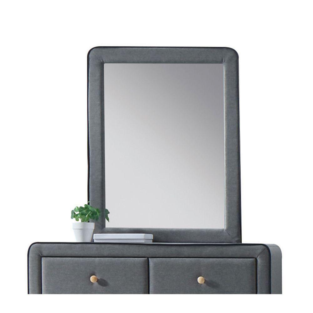 Light Gray Upholstered Vanity Mirror with black trim and wooden feet, elegantly designed for contemporary bedrooms.