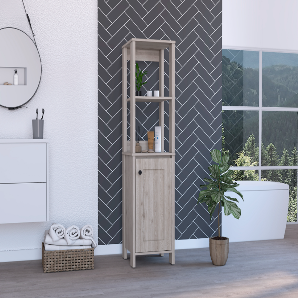 Jannes Linen Cabinet in light gray finish with two open shelves and a single door, perfect for bathroom storage.