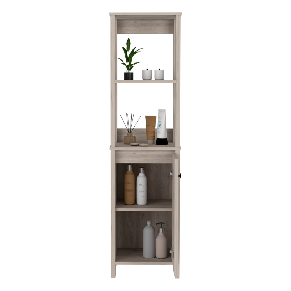 Jannes Linen Cabinet in light gray finish with two open shelves and a single door, perfect for bathroom storage.