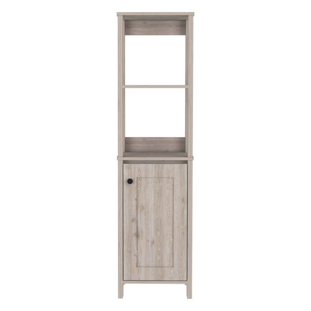 Jannes Linen Cabinet in light gray finish with two open shelves and a single door, perfect for bathroom storage.