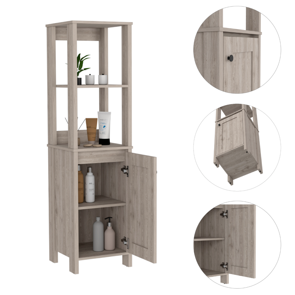 Jannes Linen Cabinet in light gray finish with two open shelves and a single door, perfect for bathroom storage.