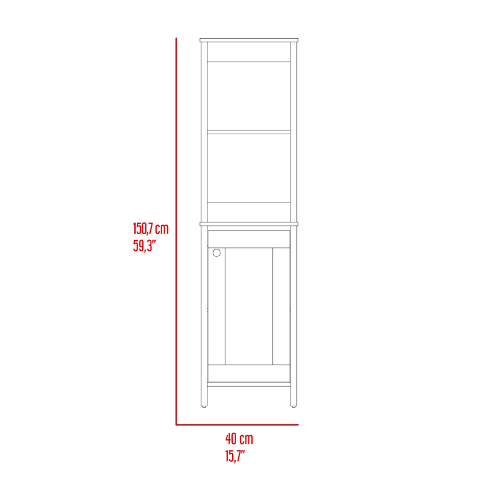 Jannes Linen Cabinet in light gray finish with two open shelves and a single door, perfect for bathroom storage.