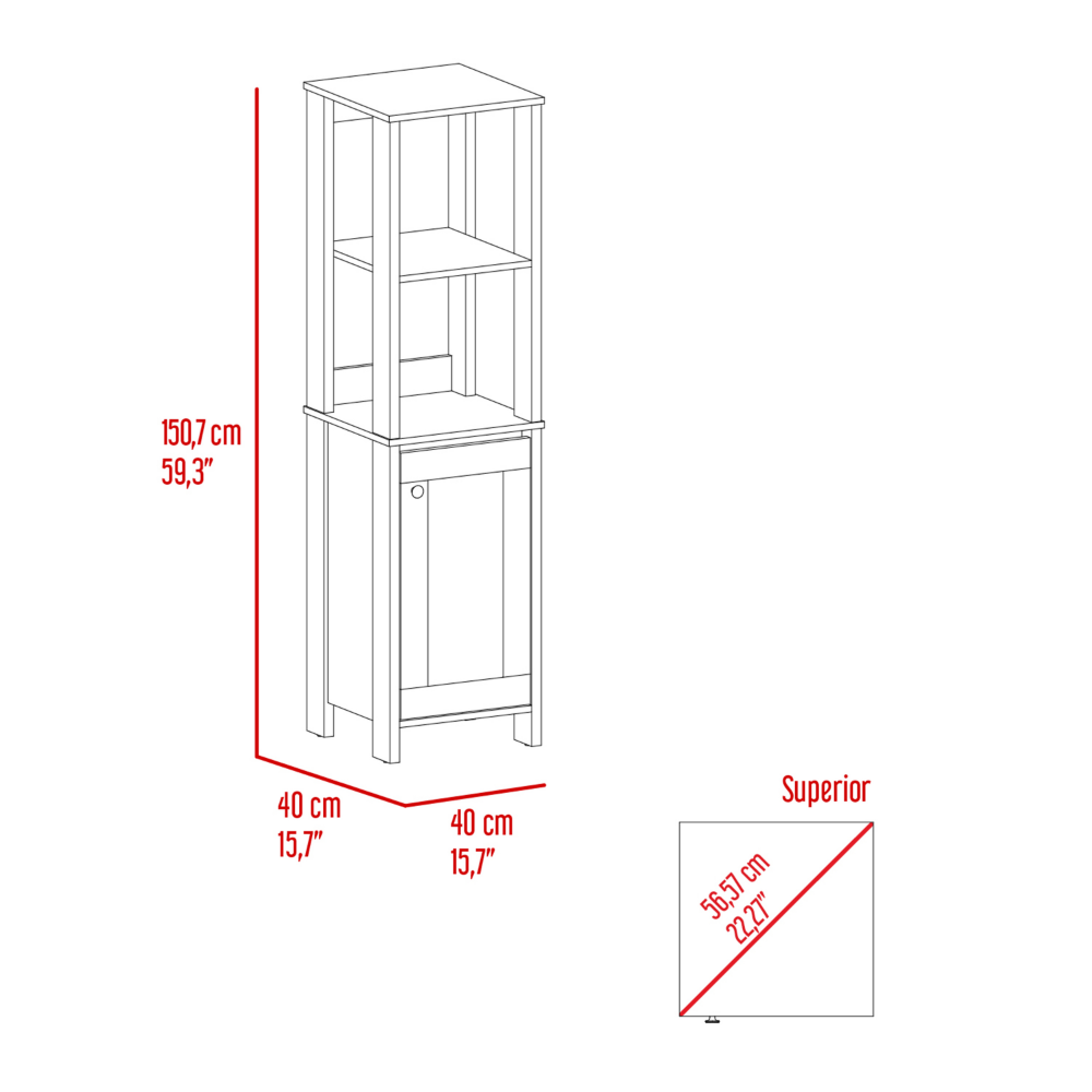 Jannes Linen Cabinet in light gray finish with two open shelves and a single door, perfect for bathroom storage.