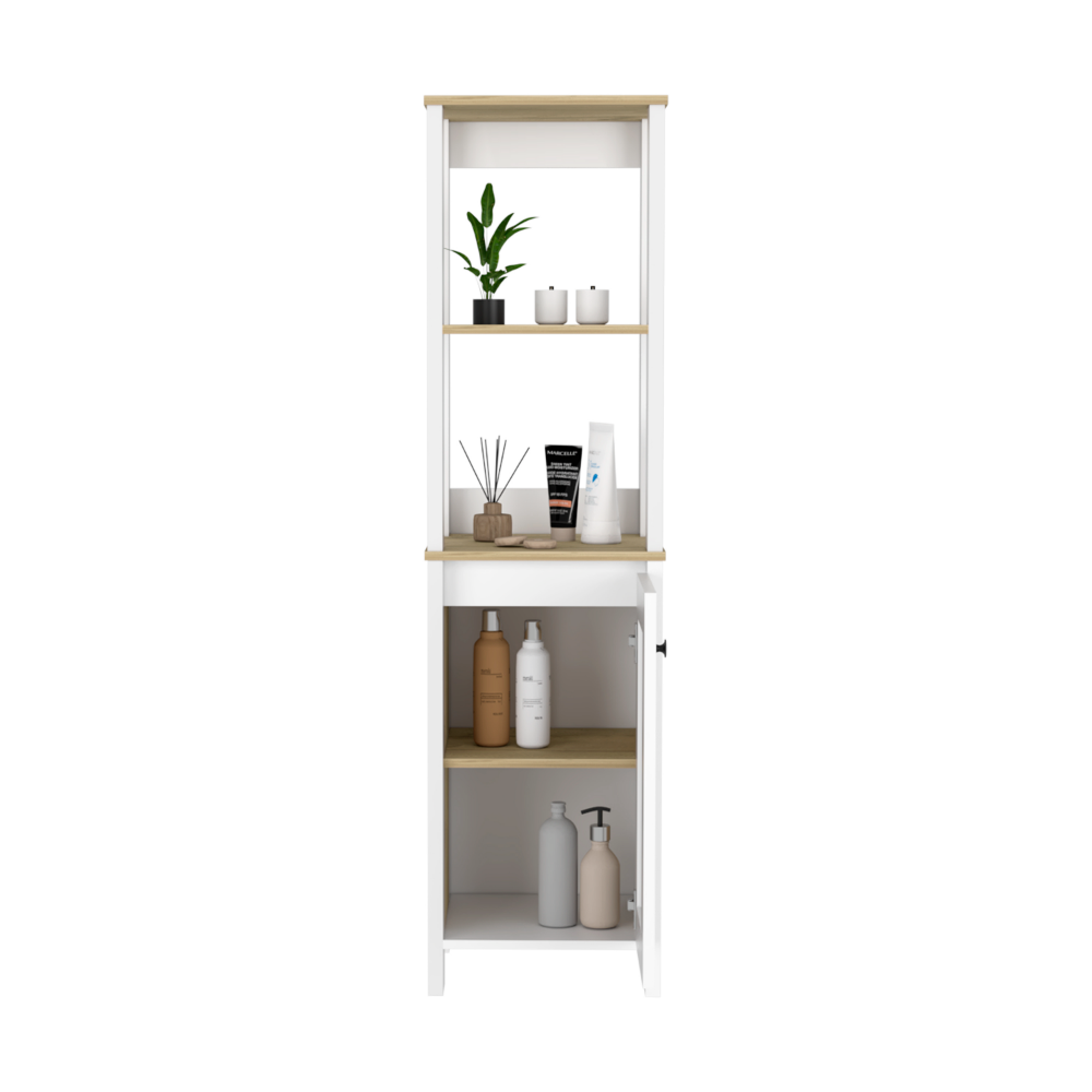 Jannes Linen Cabinet featuring light oak finish, two open shelves, and a single door, designed for stylish bathroom storage.