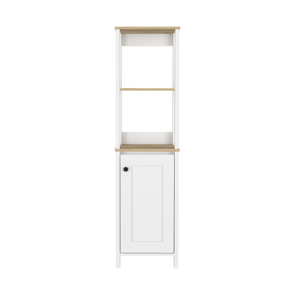 Jannes Linen Cabinet featuring light oak finish, two open shelves, and a single door, designed for stylish bathroom storage.