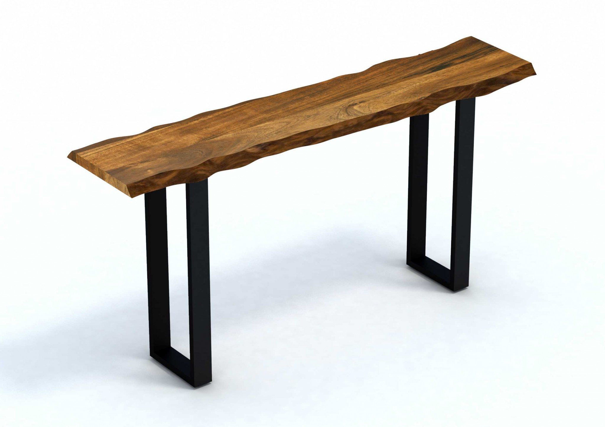 Live Edge Acacia Wood Console Table with Black Metal Legs, showcasing natural wood grain and sleek design.