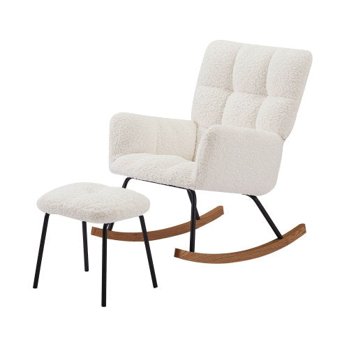 Modern Lounge Recliner Rocking Chair designed for moms and babies, featuring a soft boucle seat and sturdy wooden frame.