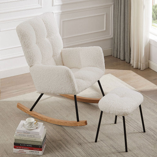 Modern Lounge Recliner Rocking Chair designed for moms and babies, featuring a soft boucle seat and sturdy wooden frame.