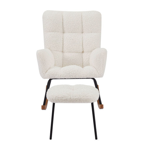 Modern Lounge Recliner Rocking Chair designed for moms and babies, featuring a soft boucle seat and sturdy wooden frame.