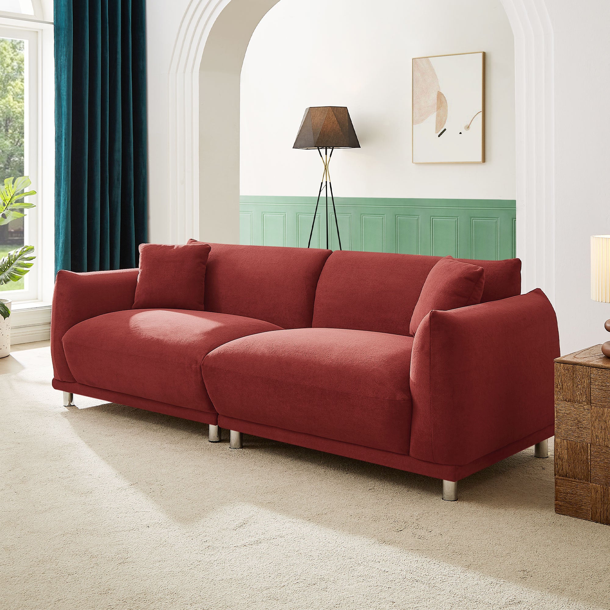 Red Loveseat Sofa Couch designed for modern living rooms, featuring plush cushions and sturdy metal feet.